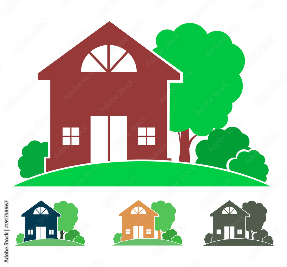 cottage with trees and bushes (logo, sign, icon, emblem), country house image in color and monochrome