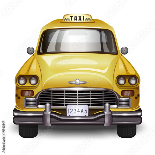 Retro taxi. Vintage yellow car with black taxi sign. Realistic vector illustration isolated on white background