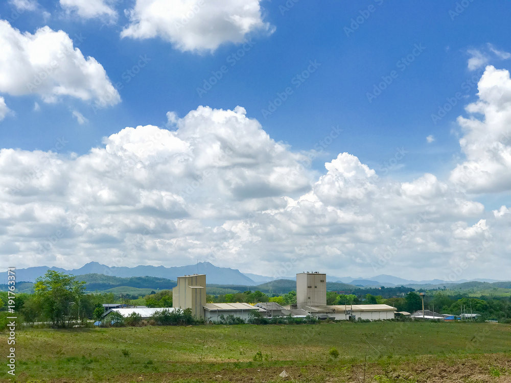 Factory located on the hill. blue sky background Environmentally friendly