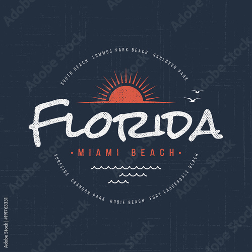 Florida Miami beach. T-shirt and apparel vector design, typography, print, logo, label, poster.