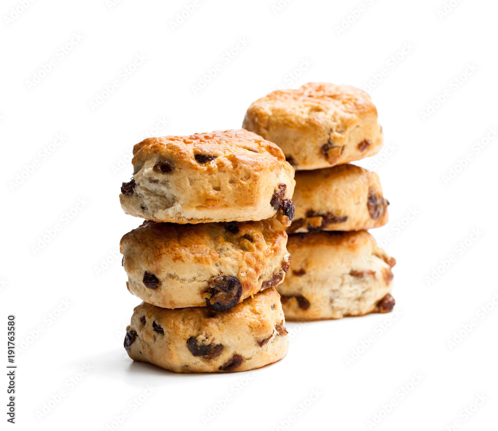 Homemade sultana scones isolated on white Homemade sultana scones isolated on white