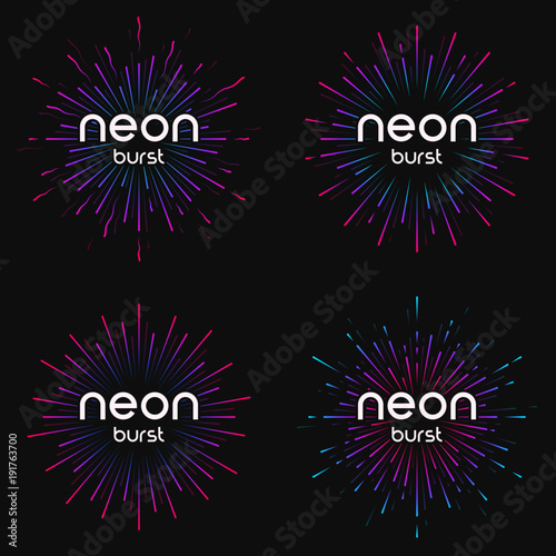 Vector illustration of firework explosions, star or sunbursts, rays of light in bright neon colors.