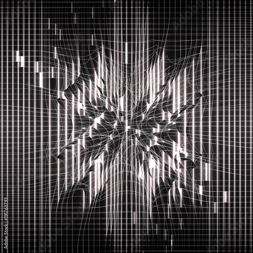 Black abstract background. Neural network, matrix. Glowing lines. Futuristic design. Perturbation of space. Mesh distortion. Explosion lights. Illustration