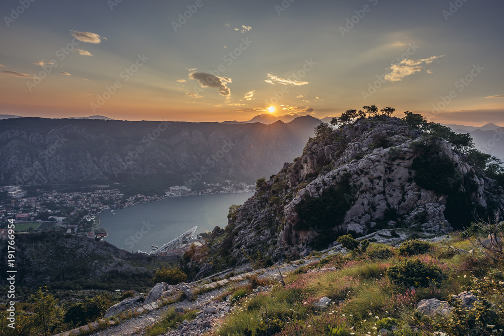 Fototapeta premium Kotor Bay in Montenegro seen from mountain above Kotor coastal town
