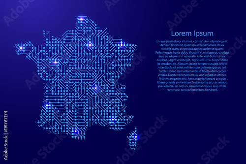 Map France from printed board, chip and radio component with blue star space on the contour for banner, poster, greeting card, of vector illustration.