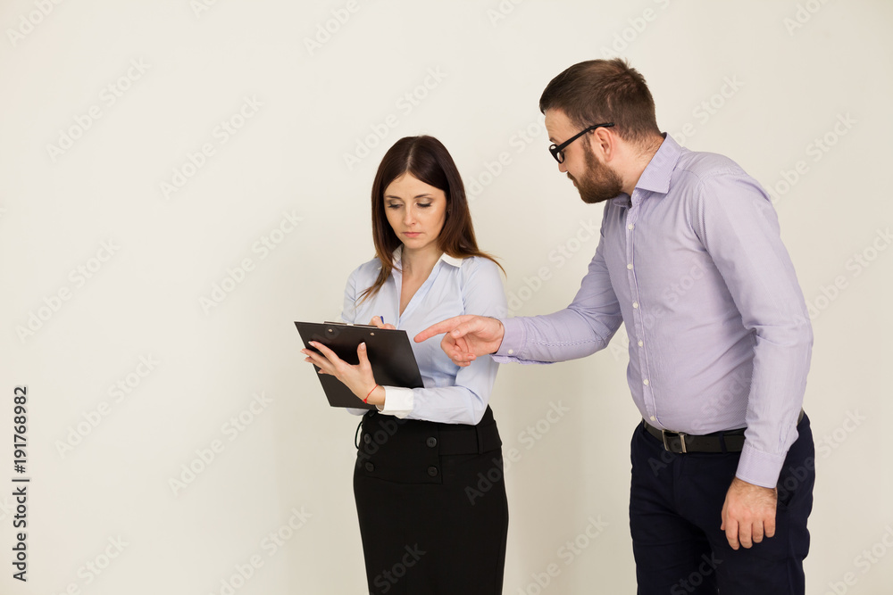Office workers, a man and woman head