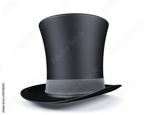 Black top hat with leather grey ribbon isolated on white background, 3D rendering