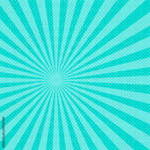 Blue pop art sunbeams background. Vector illustration.