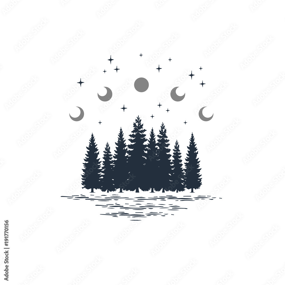 Hand drawn travel badge with fir trees and moon phases textured vector illustrations.