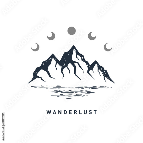 Hand drawn travel badge with mountains textured vector illustration and "Wanderlust" inspirational lettering.