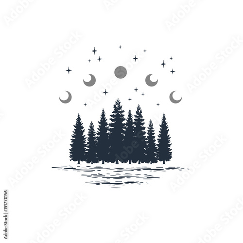 Hand drawn travel badge with fir trees and moon phases textured vector illustrations.