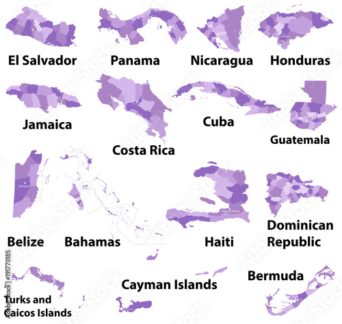 Central American and Caribbean countries with administrative divisions (regions borders) vector maps