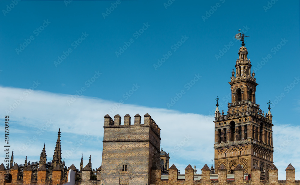 Giralda of Sevilla, views from the Patio de los Naranjos. Beautiful buildings with clear blue sky. Famous heritage of Andalusia, Spain.