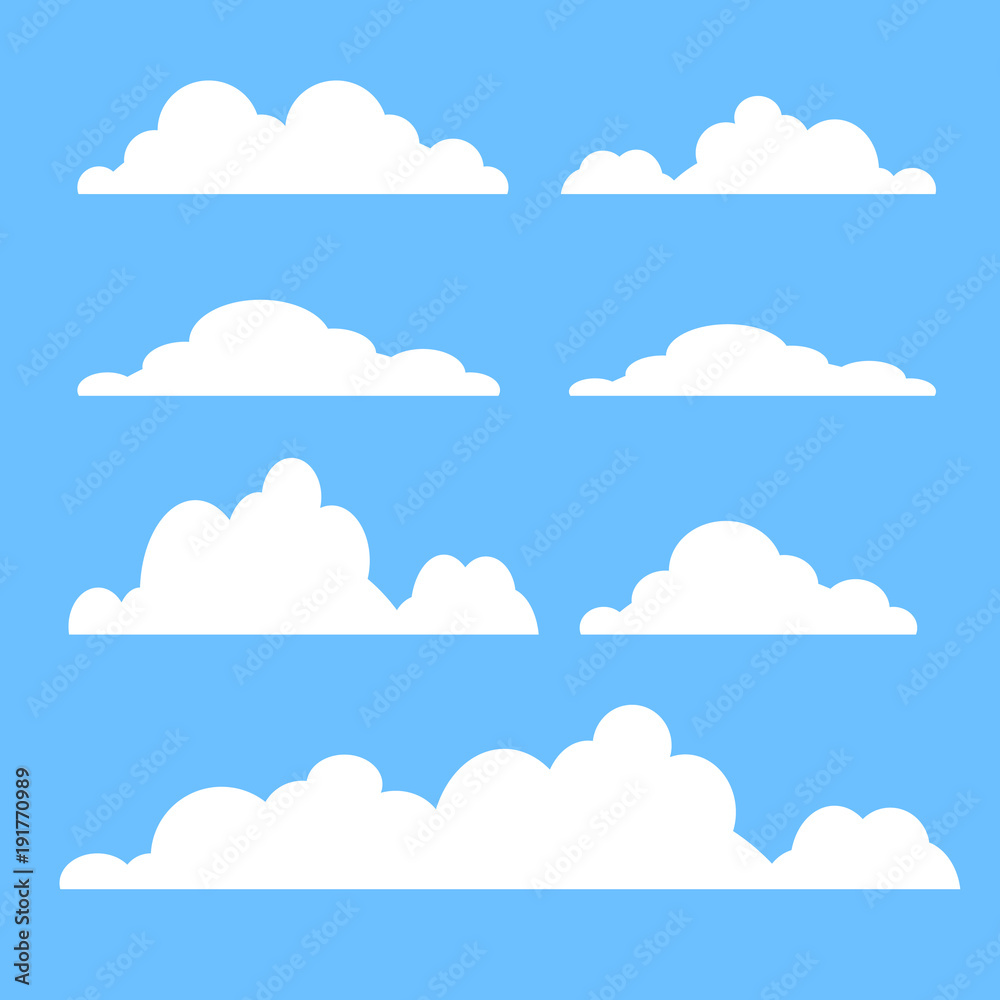 Cloud vector icon set white color on blue background. Sky flat illustration collection for web, art and app design. Different cloudscape weather symbols - obrazy, fototapety, plakaty 