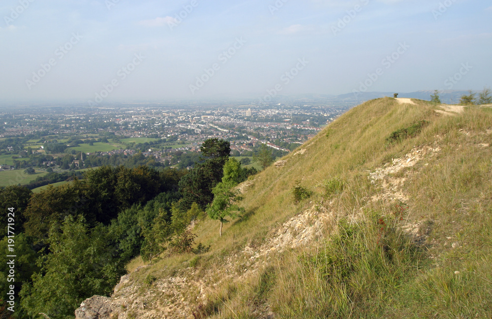 England, Gloucestershire, Cotswolds, Cheltenham, Leckhampton Hill, view from