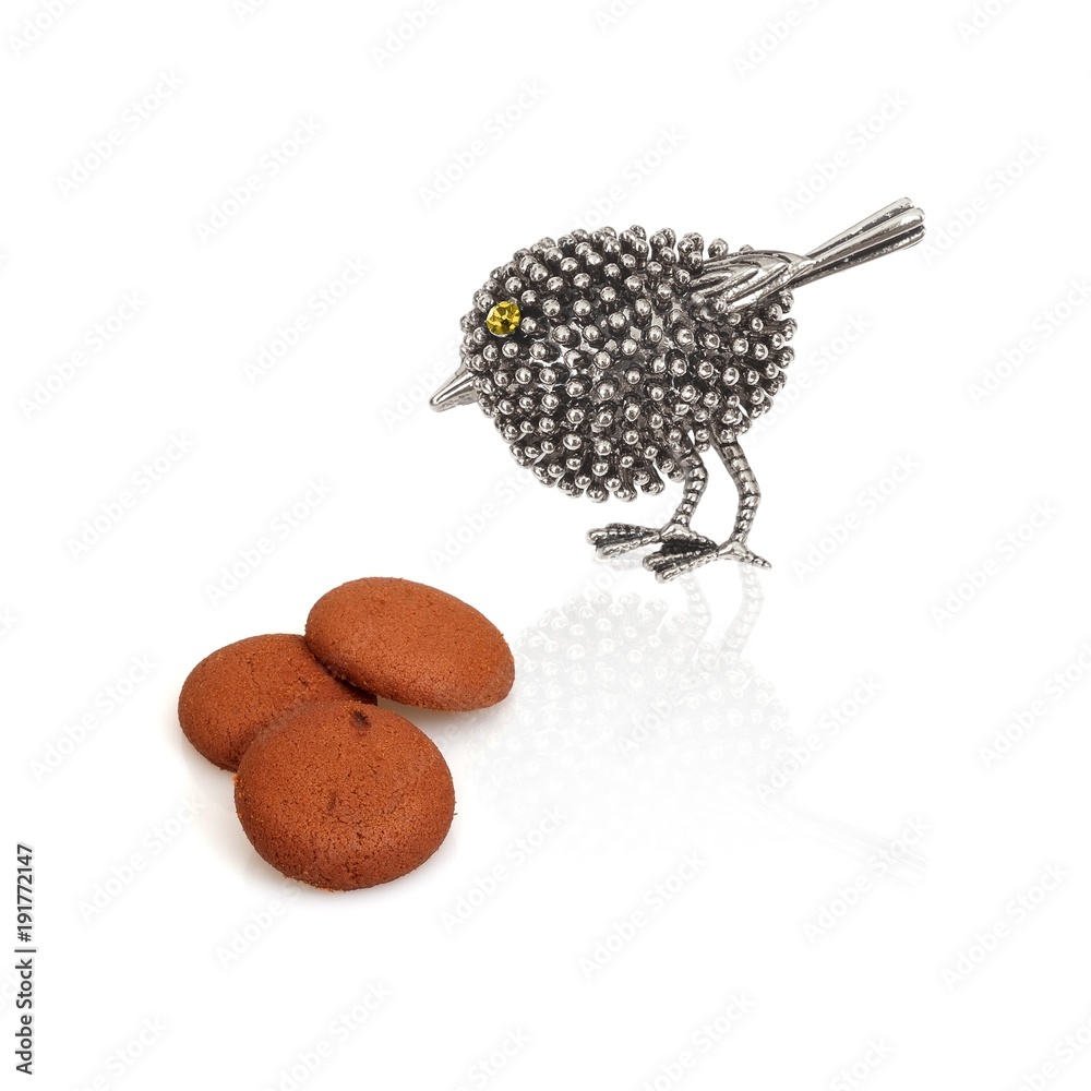 Funny sketch with big precious bird and cookies isolated on white background