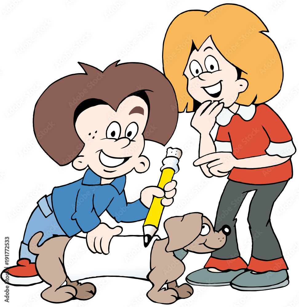 Cartoon Vector illustration of two happy children with a family dog Cartoon Vector illustration of two happy children with a family dog