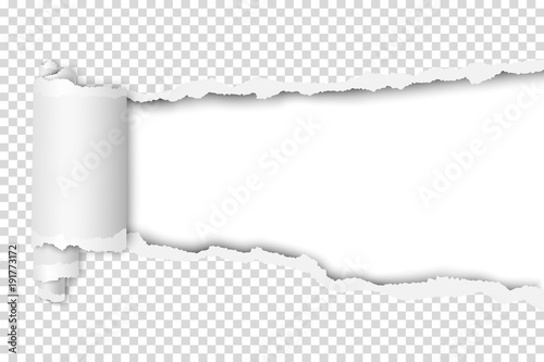 Vector torn hole in sheet of transparent paper. White background of resulting window. Template paper design.