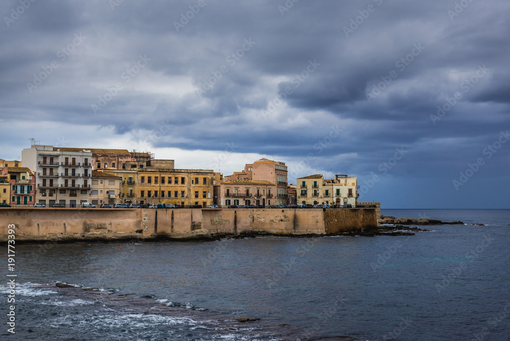 View on Ionian Sea and buildings of the old part of Syracuse - Ortygia isle, Sicily, Italy