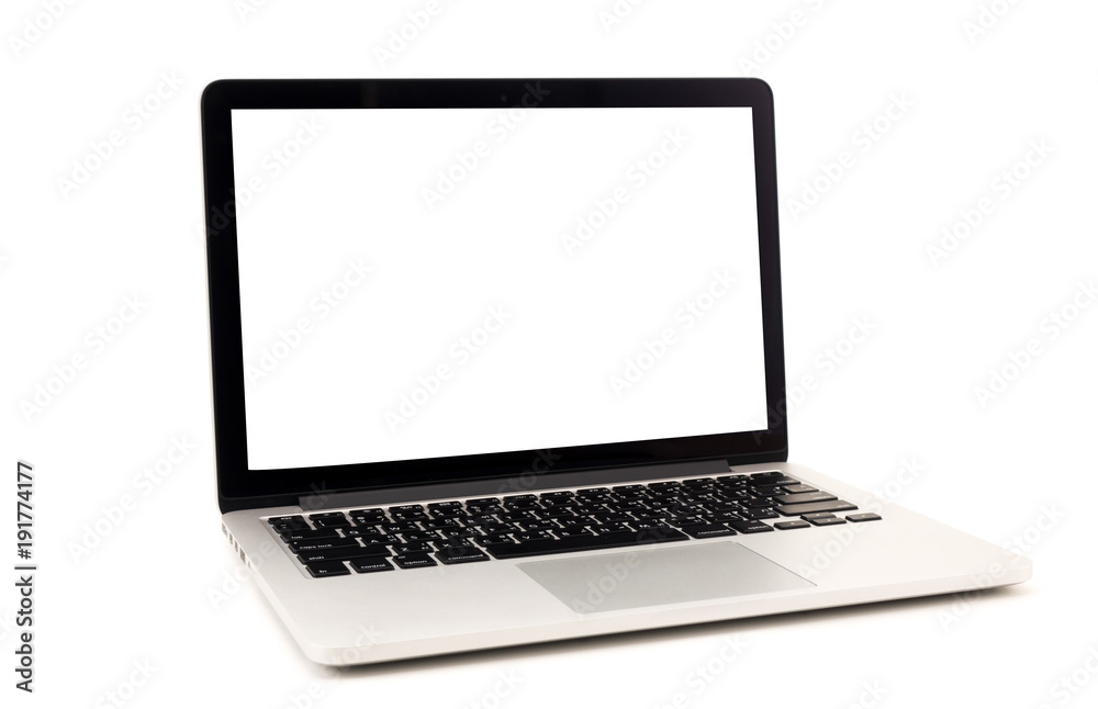 Laptop with blank white screen on white background Laptop with blank white screen on white background