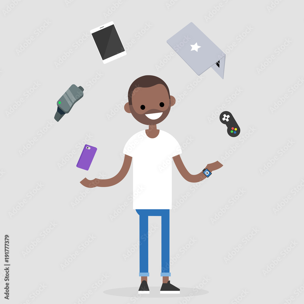 Young millennial character juggling the electronic devices: mobile phone, virtual reality glasses, tablet, laptop and game controller. Multitasking / editable flat vector illustration
