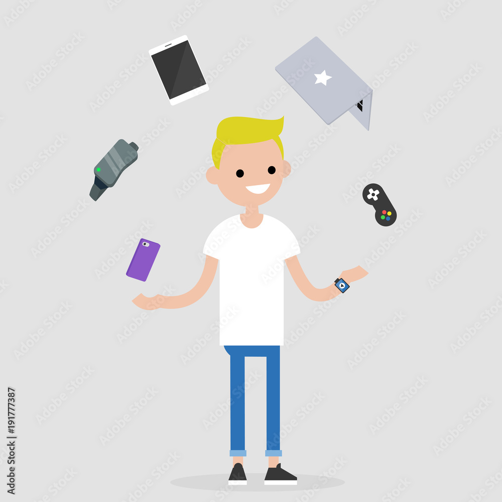 Young millennial character juggling the electronic devices: mobile phone, virtual reality glasses, tablet, laptop and game controller. Multitasking / editable flat vector illustration