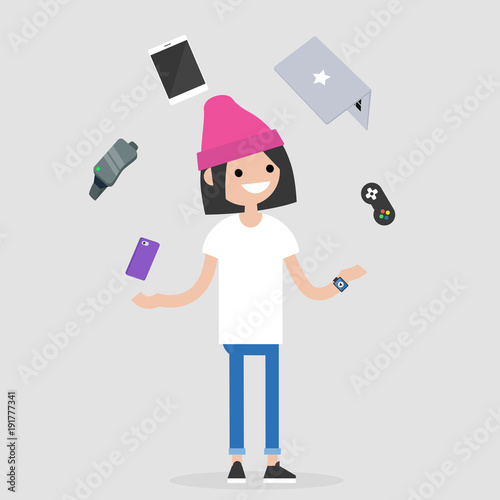 Young female millennial character juggling the electronic devices: mobile phone, virtual reality glasses, tablet, laptop and game controller. Multitasking / editable flat vector illustration