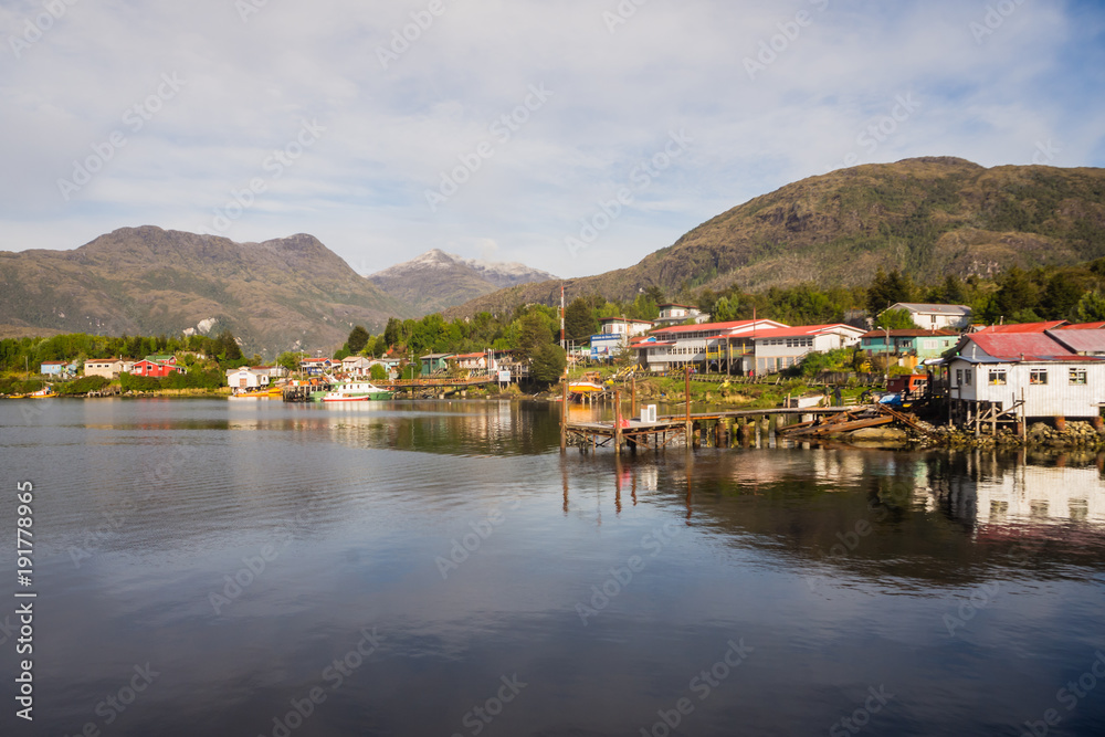 Puerto Eden in Chilean fiords, Patagonia. Detail of the village of Puerto Eden in south of Chile, Pacific Ocean