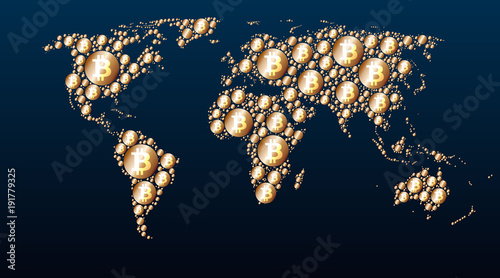World map of golden bitcoins, mining, growth rate, distribution