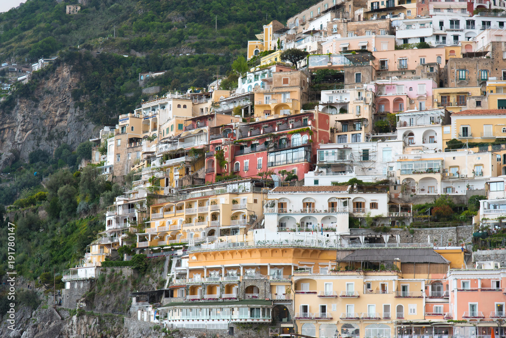 Cliffside town on the Mediterranean, on Amalfi Coast in Positano with colourful houses 