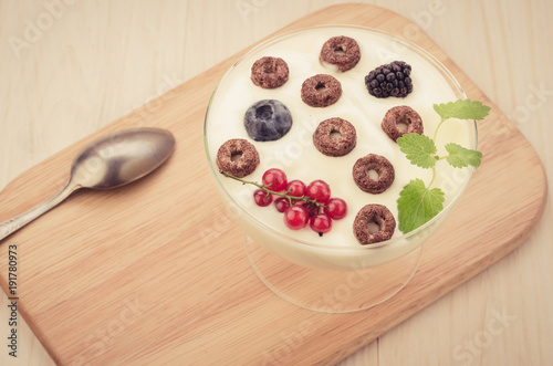 yogurt with chocolate flakes, berries and mint on a wooden tray/yogurt with chocolate flakes, berries and mint on a wooden tray. Copy space. Top view