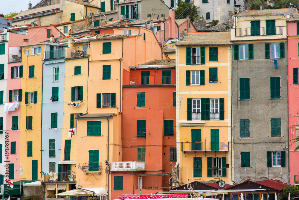 Colourful buildings in a port town along the Mediterranean 