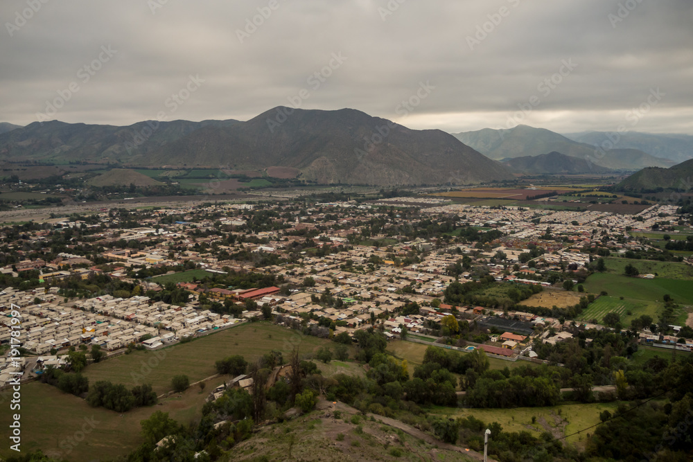 View of the Vicuña town in Elqui valley from a mountain, Chile