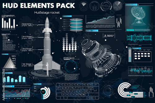 Space launch rockets, instrument panel, grafics, radars, space dish, sensors, 3d spaceship, in the HUD style, Elements pack of the User Futuristic Interface. Template UI for app and virtual reality.