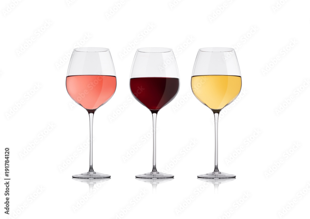 Glasses of white red and pink rose wine on white Glasses of white red and pink rose wine on white