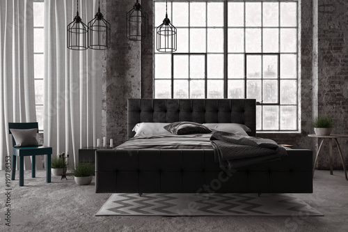 Stylisches Schlafzimmer in  modernem industrie Look. Loft.  photo