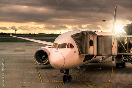 The plane stands with a tunnel at the airport at sunset. photo