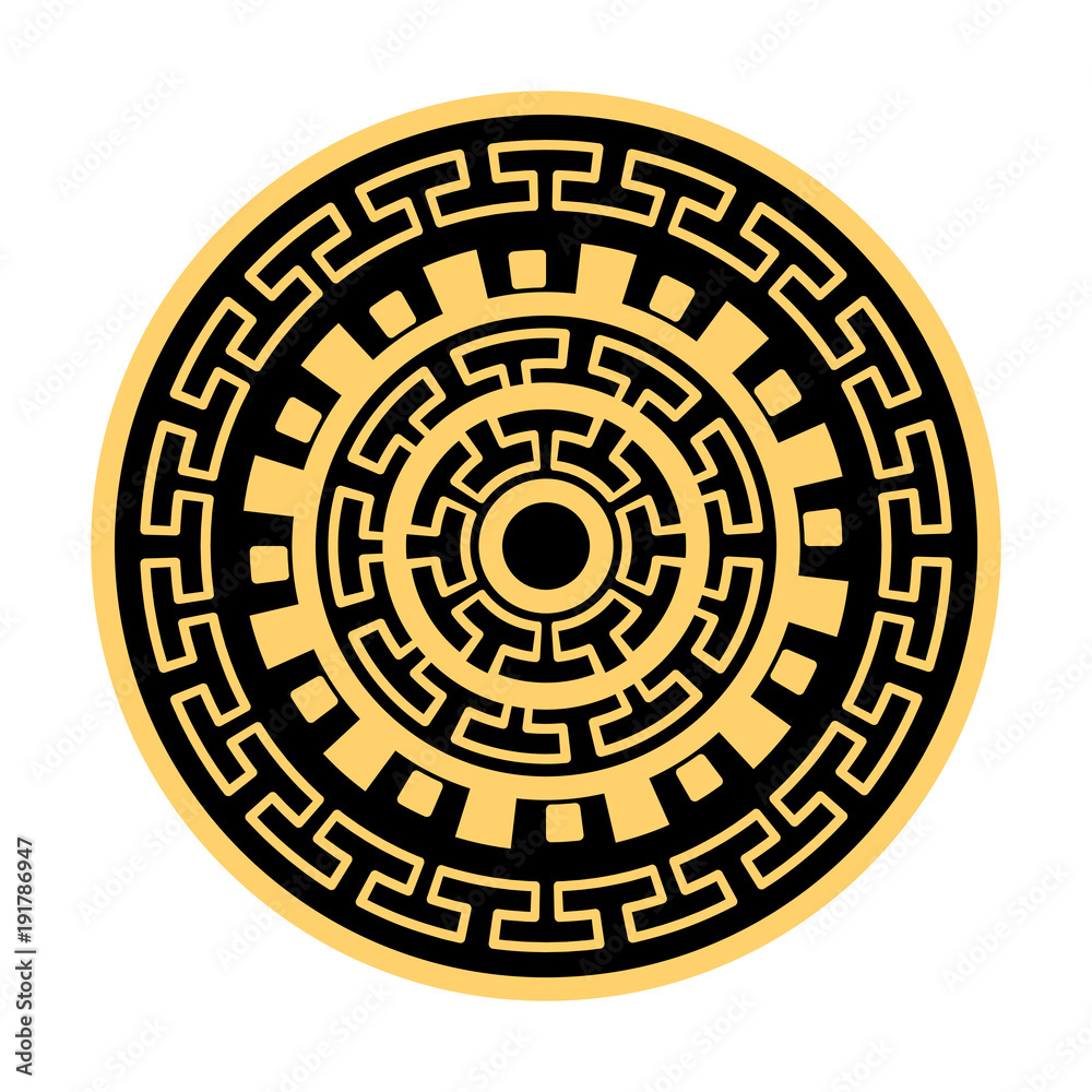 Round geometric pattern of meanders. Composite decorative element of the circles with ornaments. Stencil Tattoo and prints. Round geometric pattern of meanders. Composite decorative element of the circles with ornaments. Stencil Tattoo and prints.
