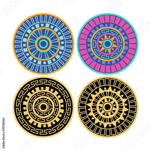 A set of round geometric decorative elements with meanders in Greek style.