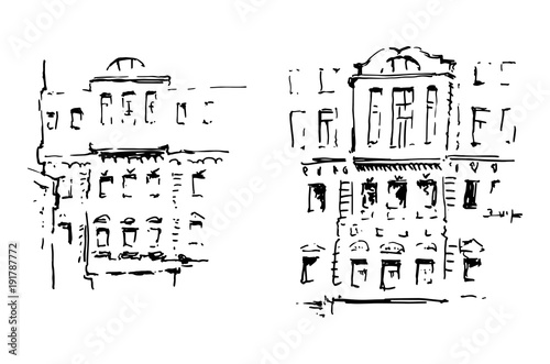 City. Vector illustration. Doodle art. Hand drawn illustration of buildings. Freehand outline ink hand drawn picture object sketch. Vector Hand Drawn graphic old building exterior sketch.