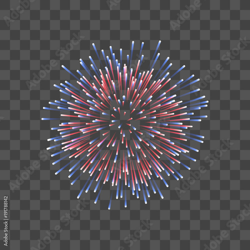Beautiful firework. Couple romantic salute isolated transparent background. Light decoration firework for Christmas, New Year, Valentine Day celebration. Symbol of holiday. Vector illustration