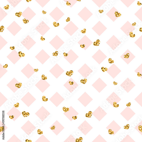 Gold heart seamless pattern. Pink-white geometric decoration, golden confetti-hearts. Symbol of love, Valentine day holiday. Design wallpaper, background, fabric texture. Vector illustration
