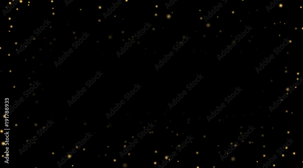 Night sky with gold stars on black background. Dark astronomy space template. Galaxy starry pattern wallpaper. Shiny golden stars, night sky universe. Cosmos stars wallpaper. Vector illustration