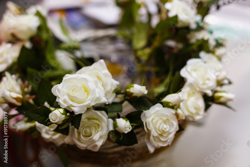 close up basket of white roses