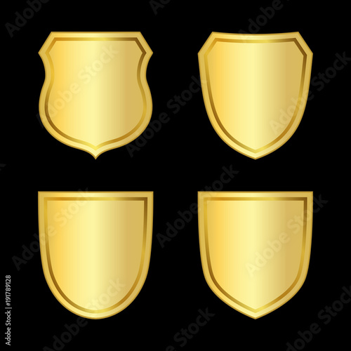 Gold shield shape icons set. 3D golden emblem signs isolated on black background. Symbol of security, power, protection. Badge shape shield graphic design. Vector illustration