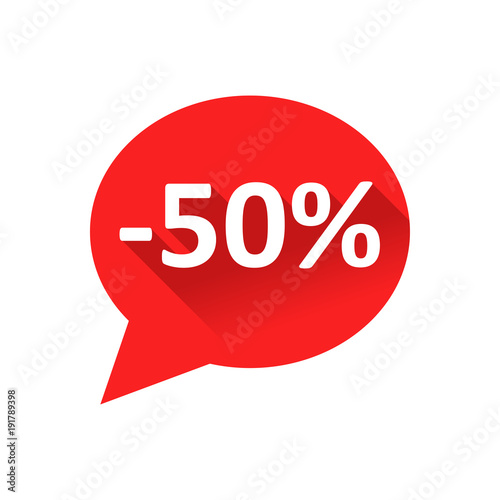 Icono plano mensaje con descuento 50 con sombra en color rojo