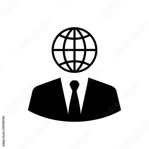 Icono plano abstracto hombre de negocios con globo terráqueo de cabeza en color negro
