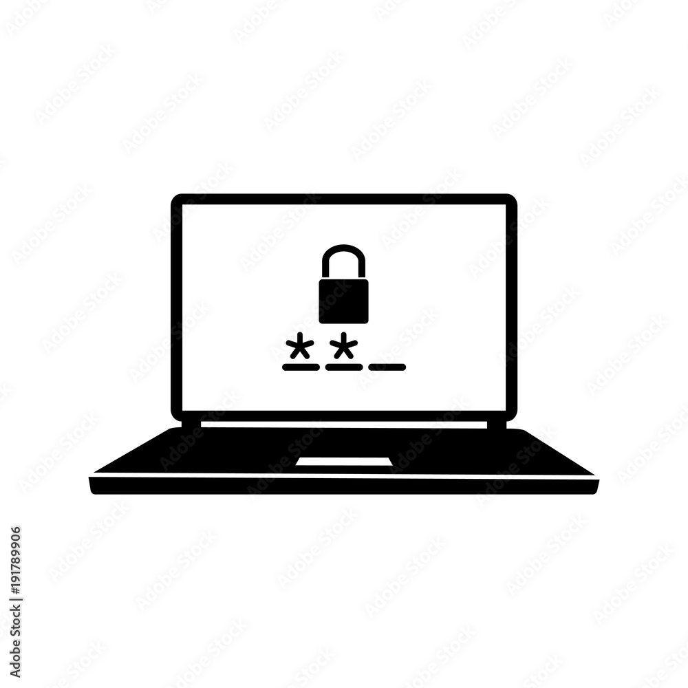 Icono plano seguridad en portatil negro en fondo blanco