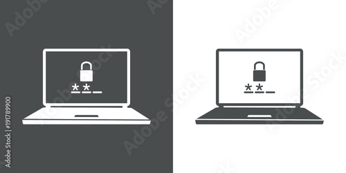 Icono plano seguridad en portatil en gris y blanco