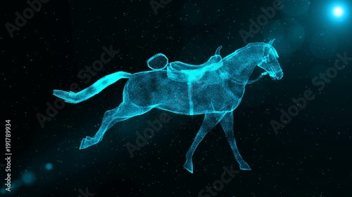 Galloping Horse with Saddle, glowing abstract animal running through particles, 3D animation
